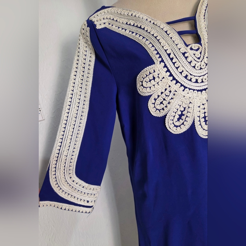 Camilla Tree Royal Blue Shift Dress with White Embroidered Trim, Size Medium - Picture 3 of 9